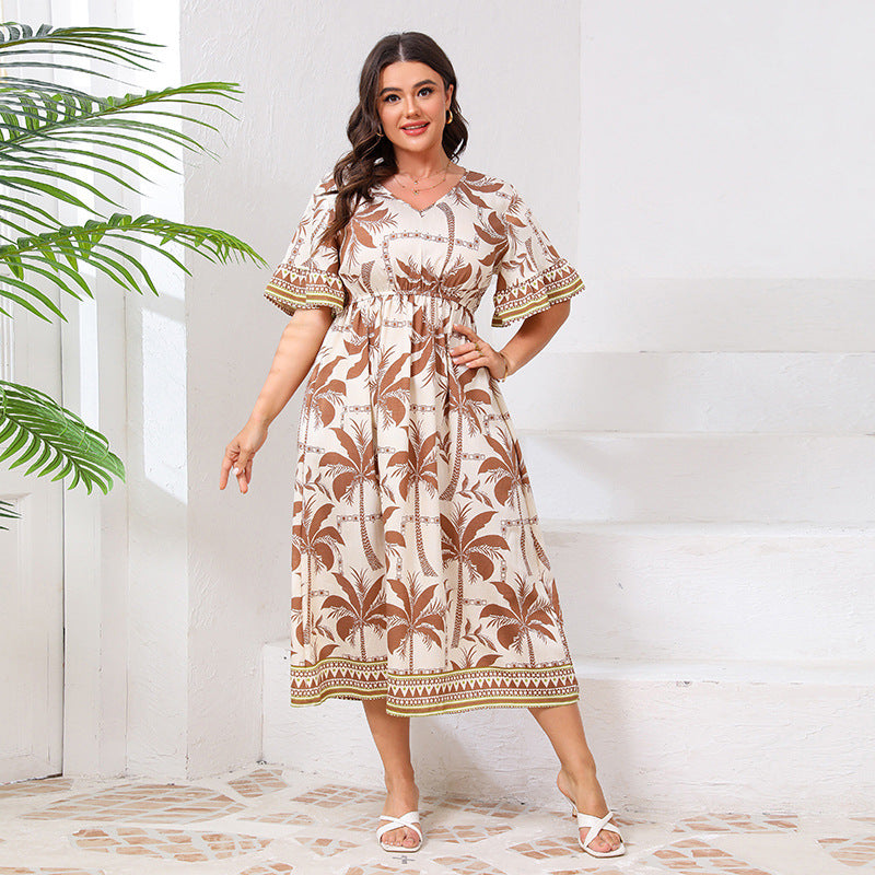 AliExpress independent station plus size v-neck dress bell sleeve fashion printed elastic waist dress