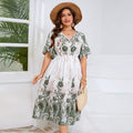 AliExpress independent station plus size v-neck dress bell sleeve fashion printed elastic waist dress
