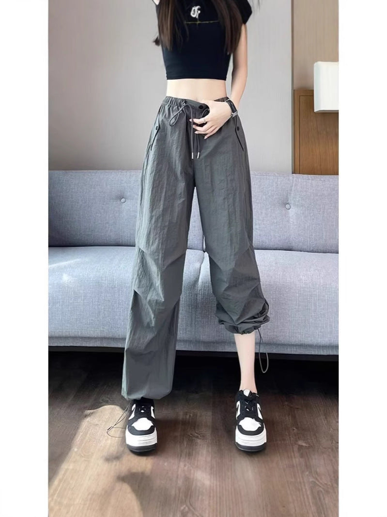 American-style Quick-drying Overalls Women's New Summer Elastoelastic High-waist Casual Sports Pants Loose Slimming Wide-leg Ankle Pants