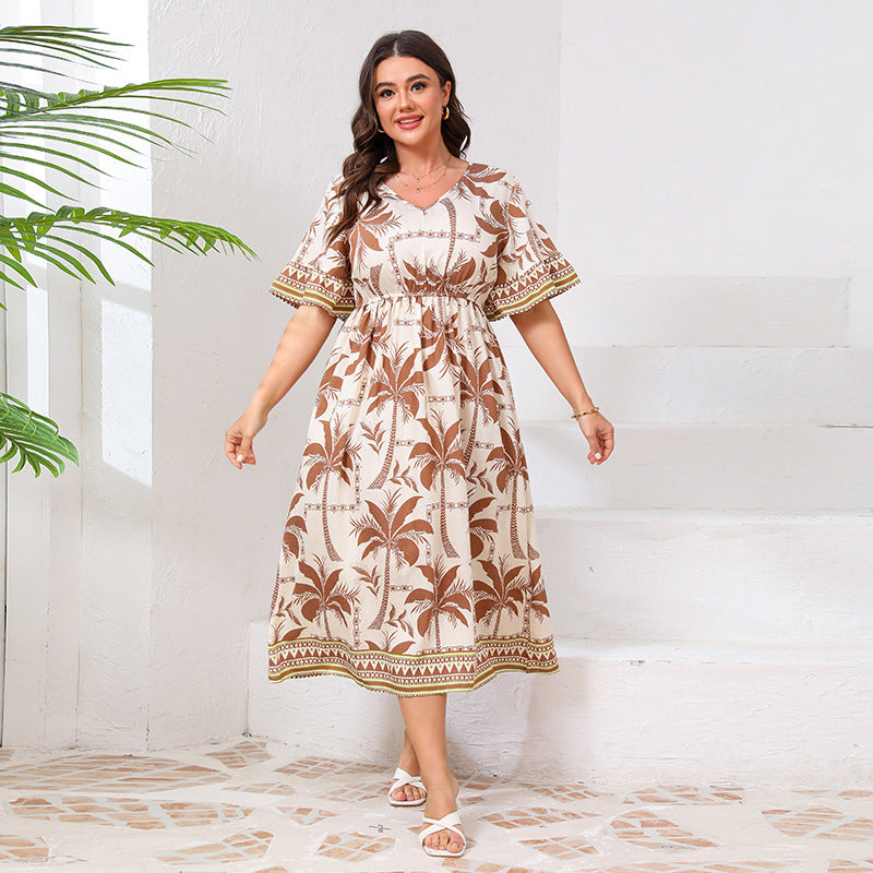 AliExpress independent station plus size v-neck dress bell sleeve fashion printed elastic waist dress