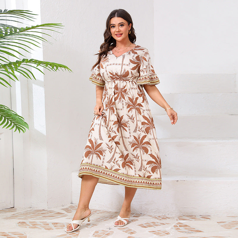 AliExpress independent station plus size v-neck dress bell sleeve fashion printed elastic waist dress