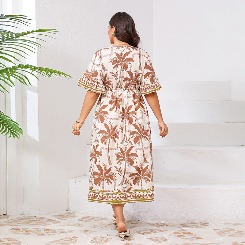 AliExpress independent station plus size v-neck dress bell sleeve fashion printed elastic waist dress